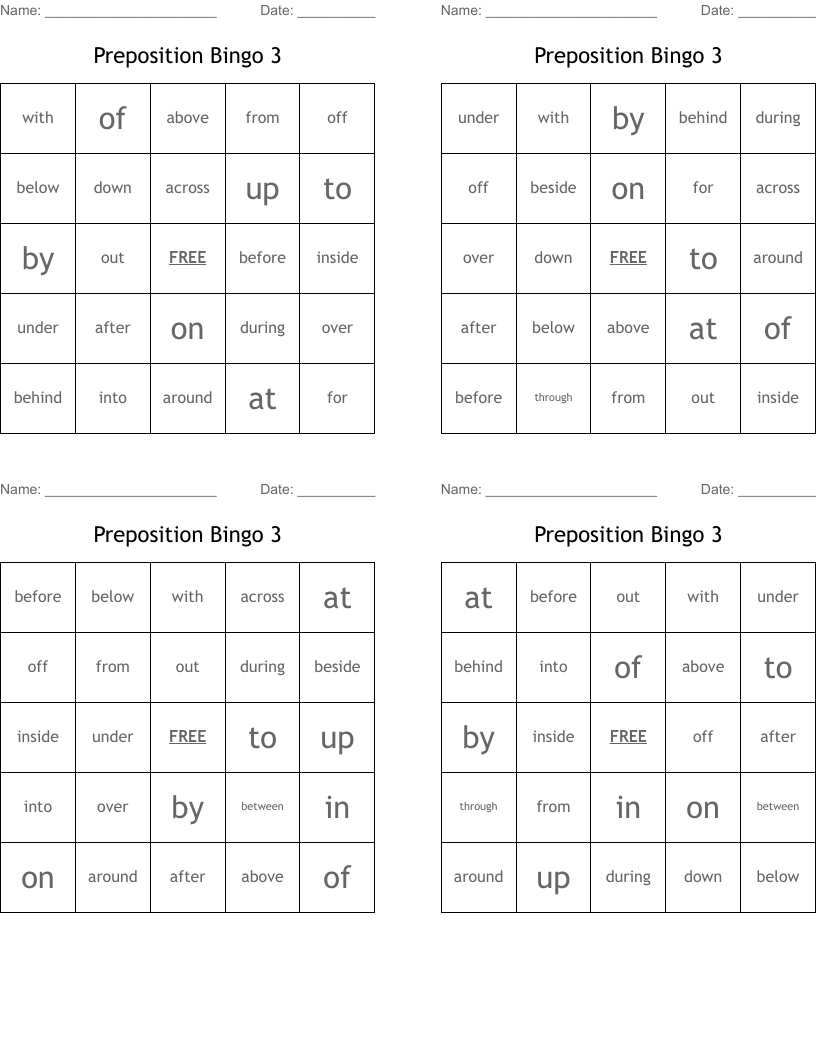 Preposition Bingo 3