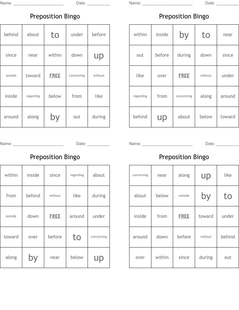 Preposition Bingo