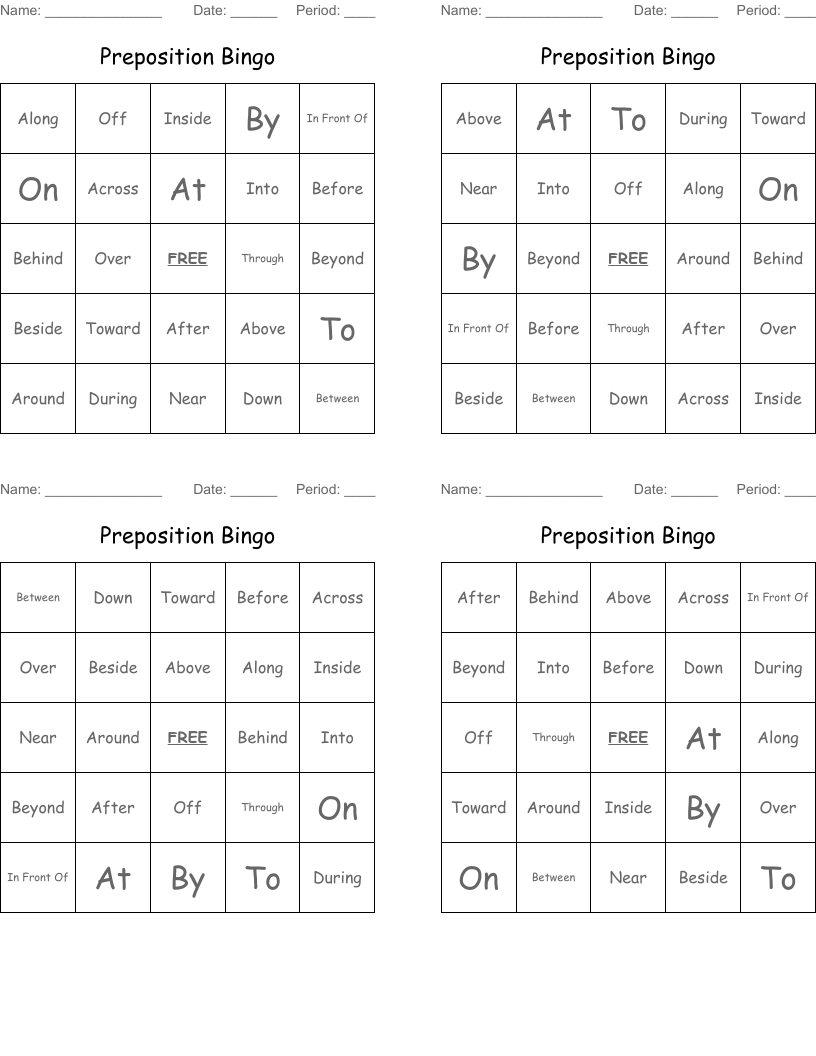Preposition Bingo