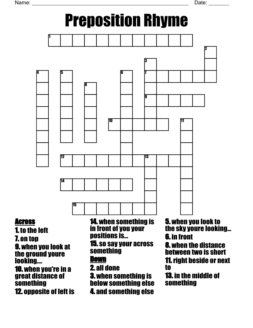 Preposition Rhyme Crossword
