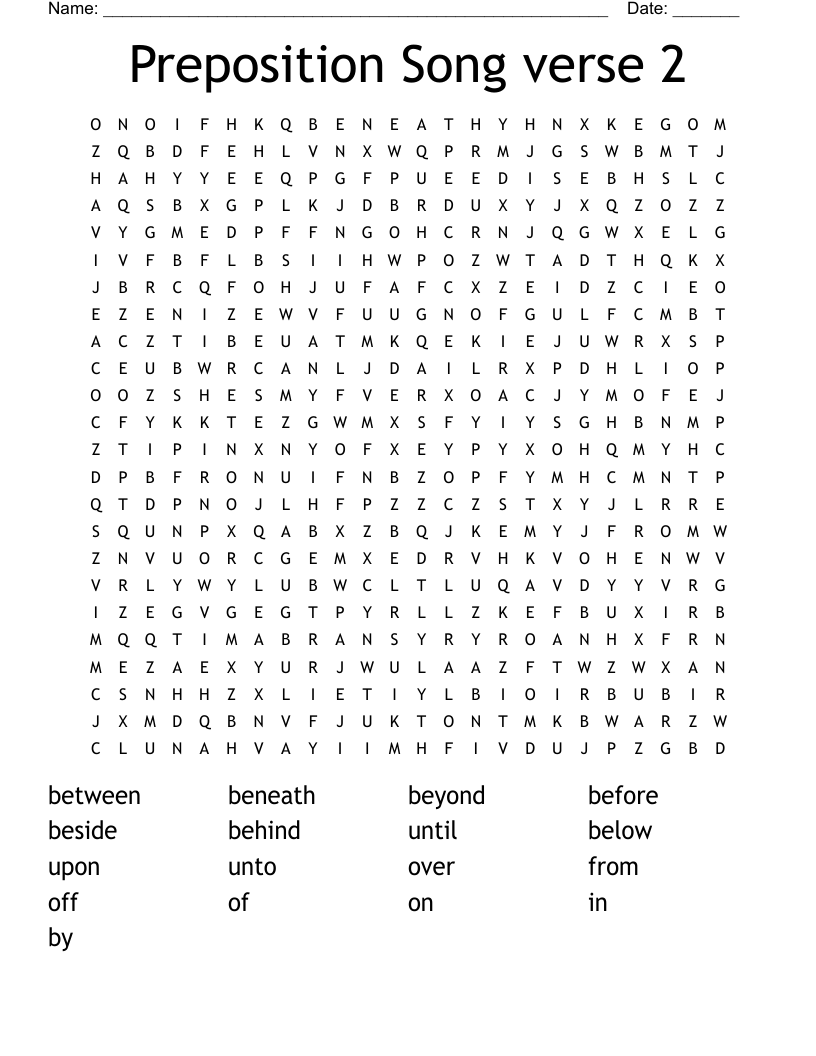 Preposition Song verse 2 Word Search