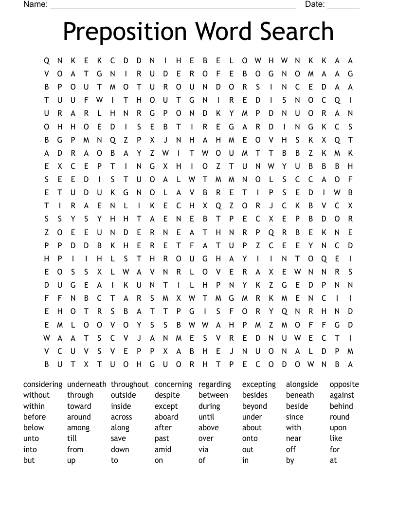Preposition Word Search