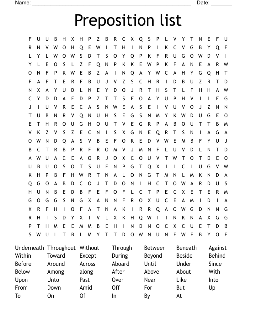 Preposition list  Word Search