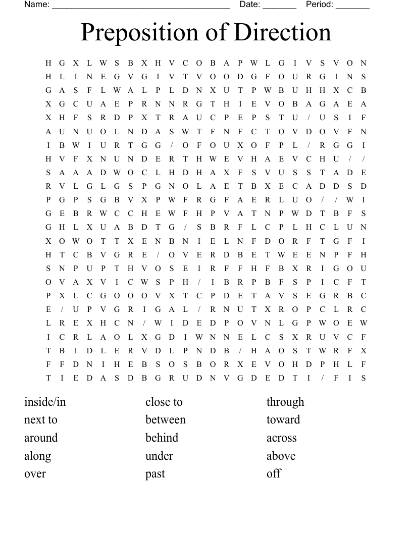 Preposition of Direction Word Search
