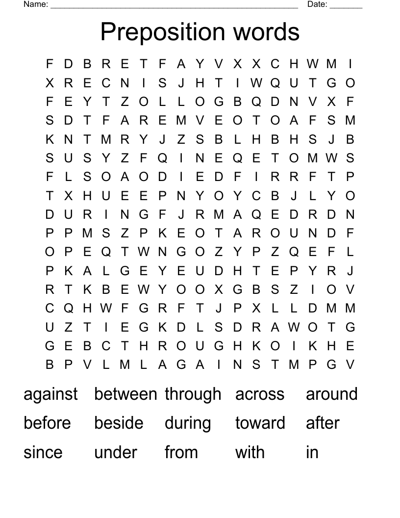 Preposition words Word Search