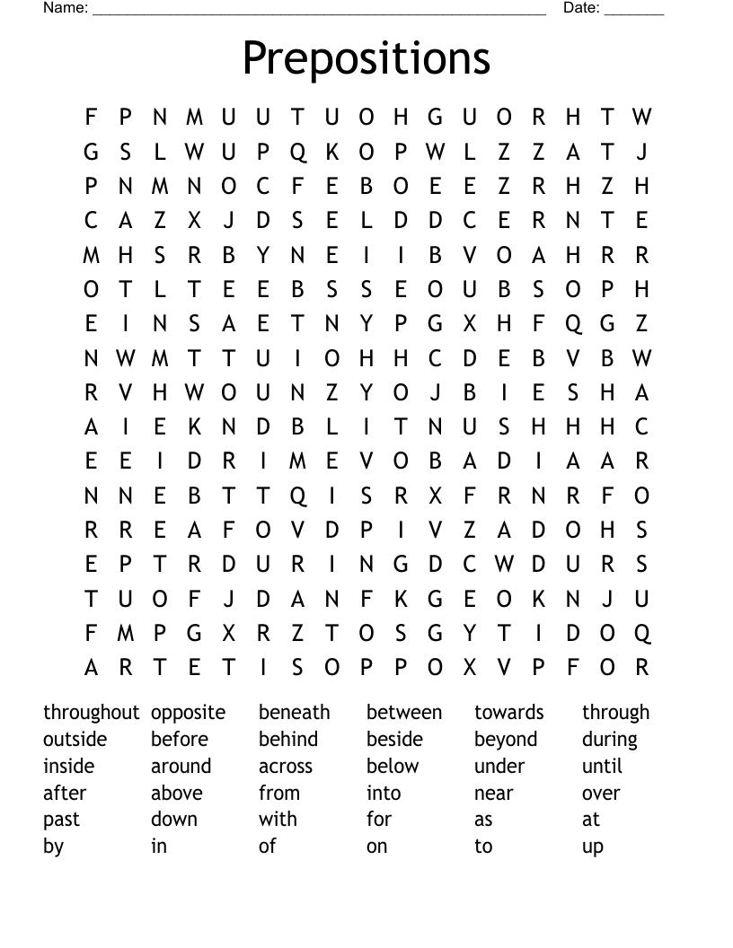 Prepositions Word Search