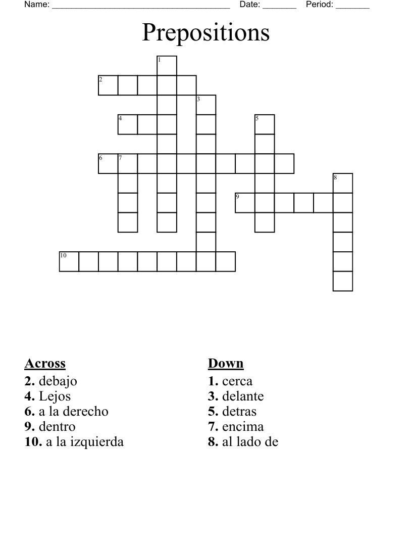 Prepositions Crossword