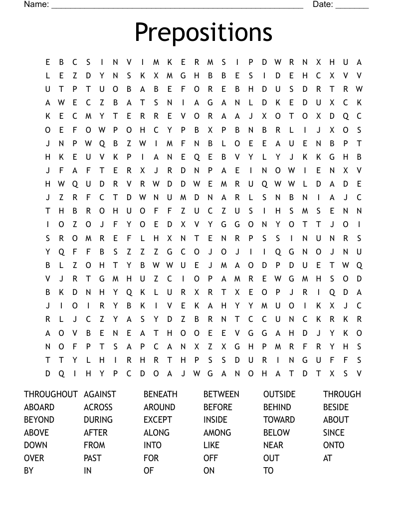 Prepositions Word Search