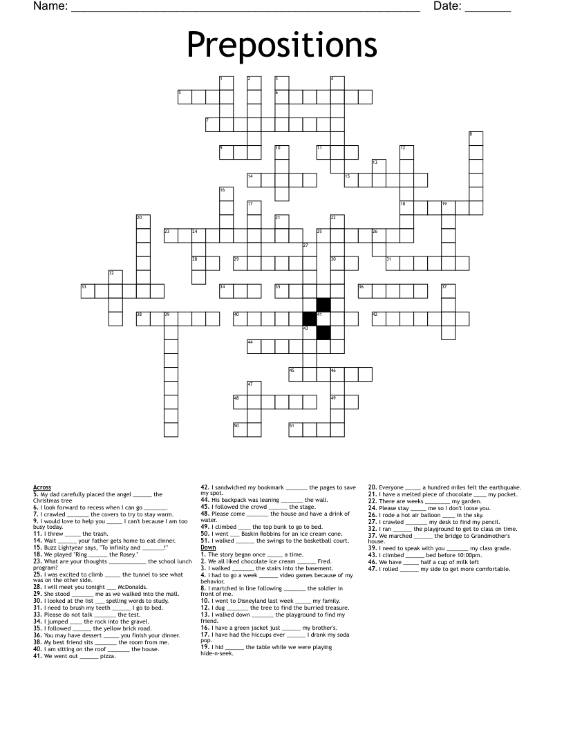 Prepositions Crossword