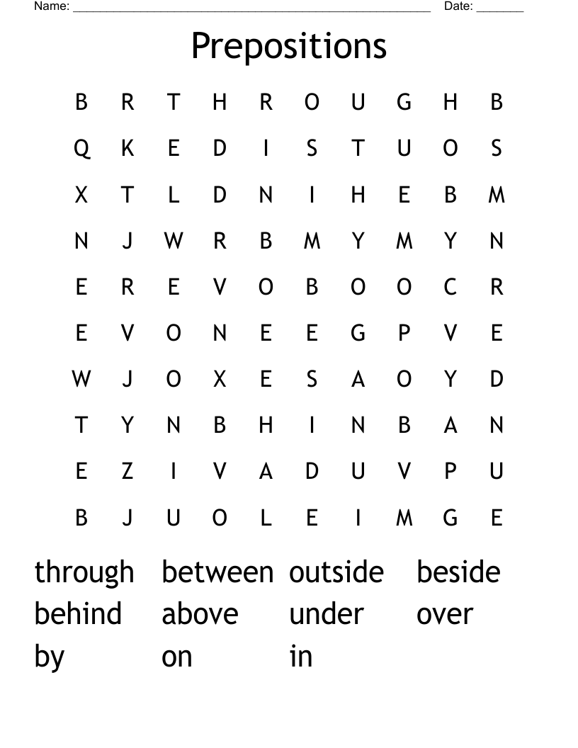 Prepositions Word Search