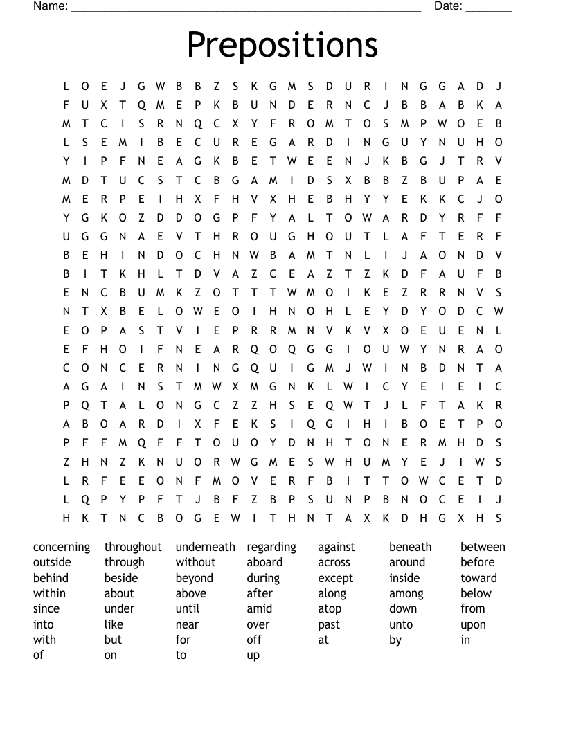 Prepositions Word Search