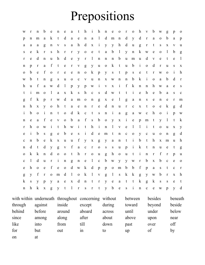 Prepositions Word Search