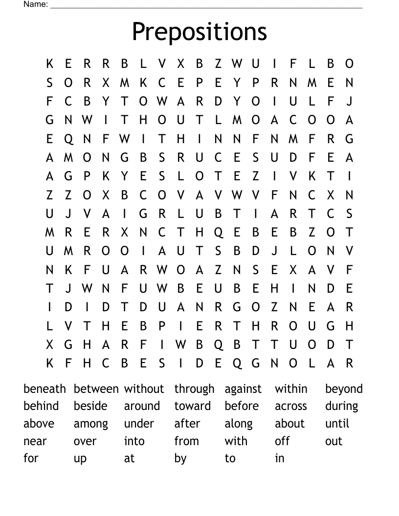 Prepositions Word Search