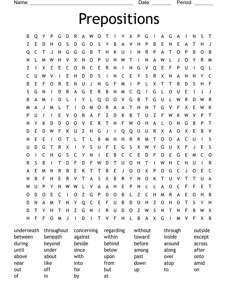 Prepositions Word Search