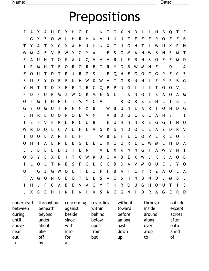 Prepositions Word Search