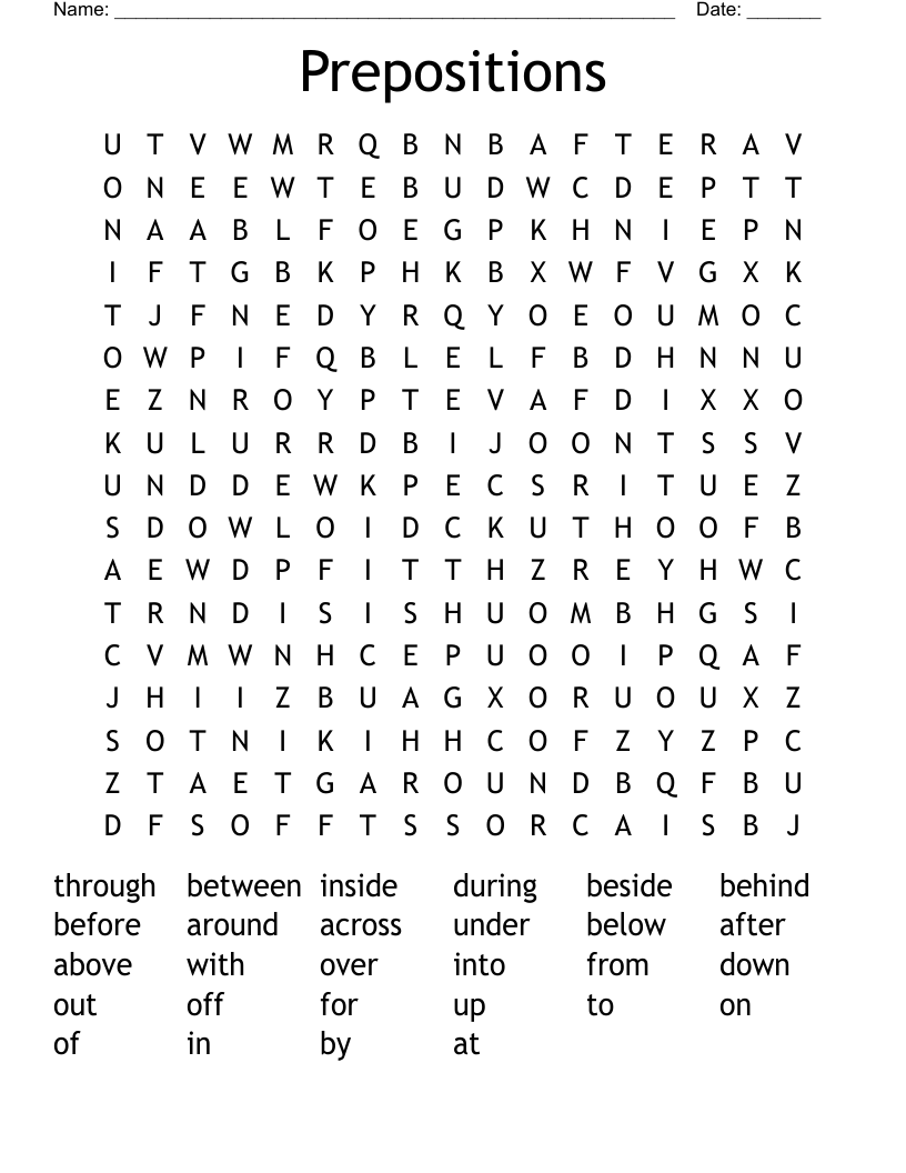 Prepositions Word Search
