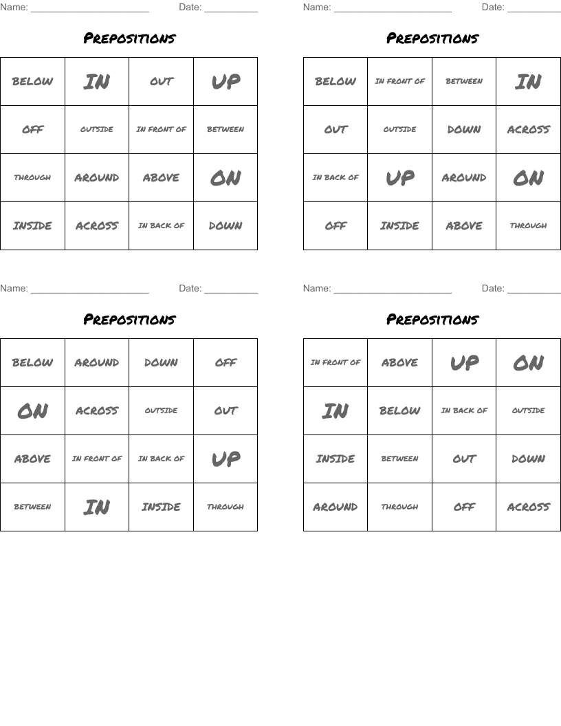 Prepositions Bingo Cards