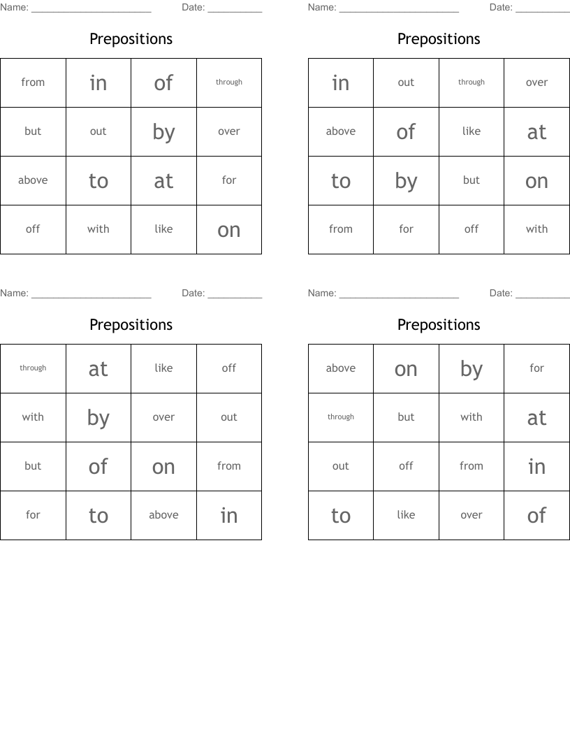 Prepositions Bingo Cards