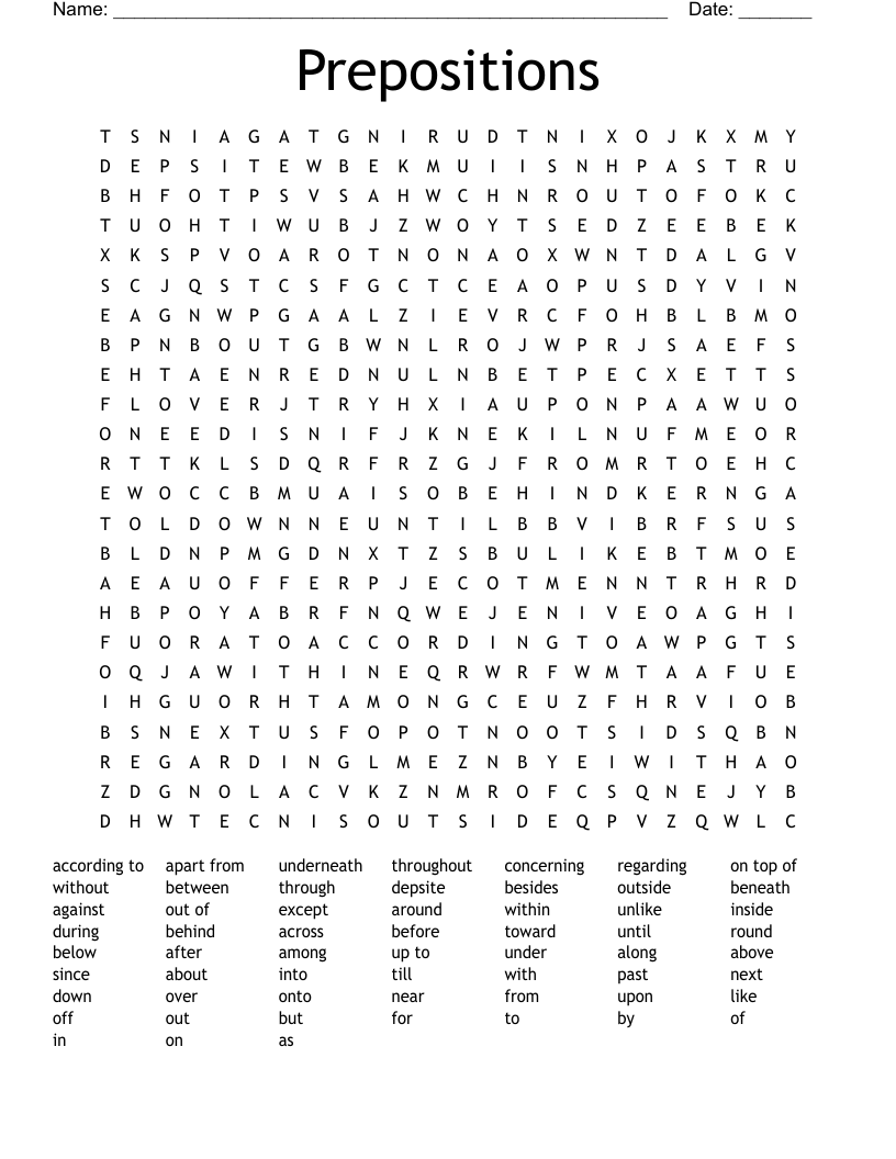 Prepositions Word Search