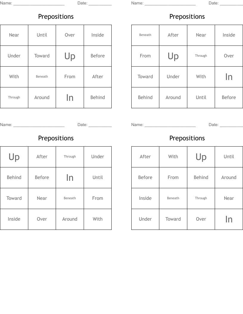 Prepositions Bingo Cards