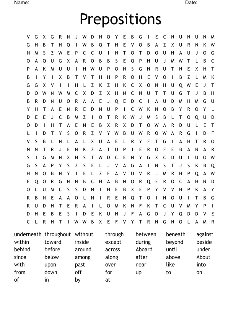 Prepositions Word Search