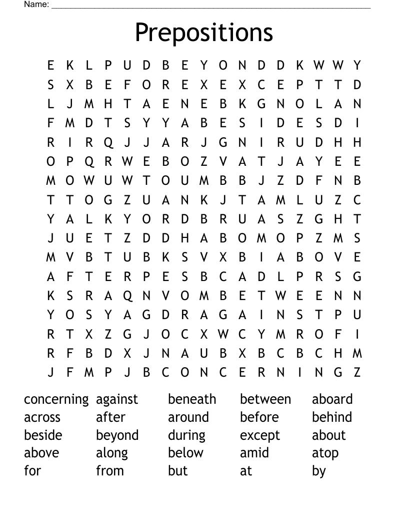 Prepositions Word Search
