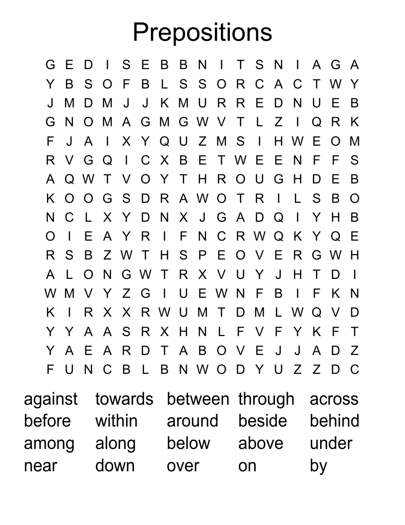 Prepositions Word Search