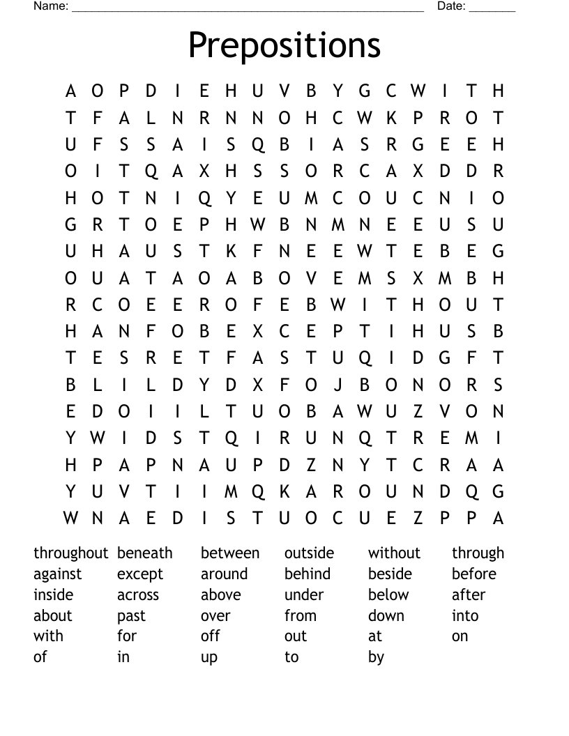 Prepositions Word Search