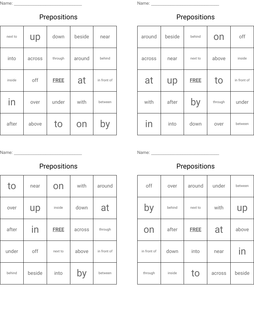 Prepositions Bingo Cards
