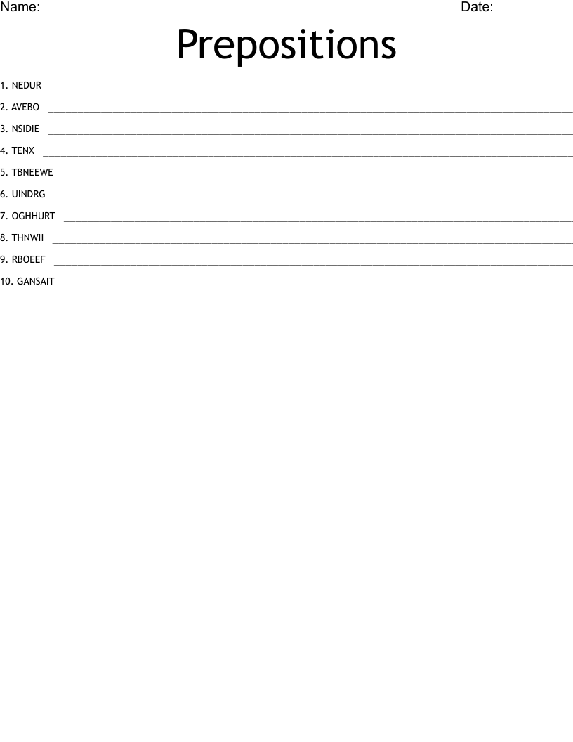 Prepositions Word Scramble