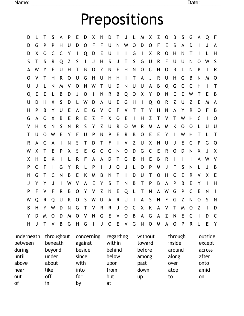 Prepositions Word Search