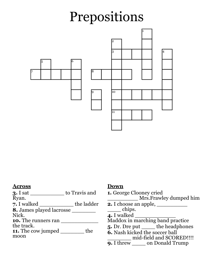 Prepositions Crossword