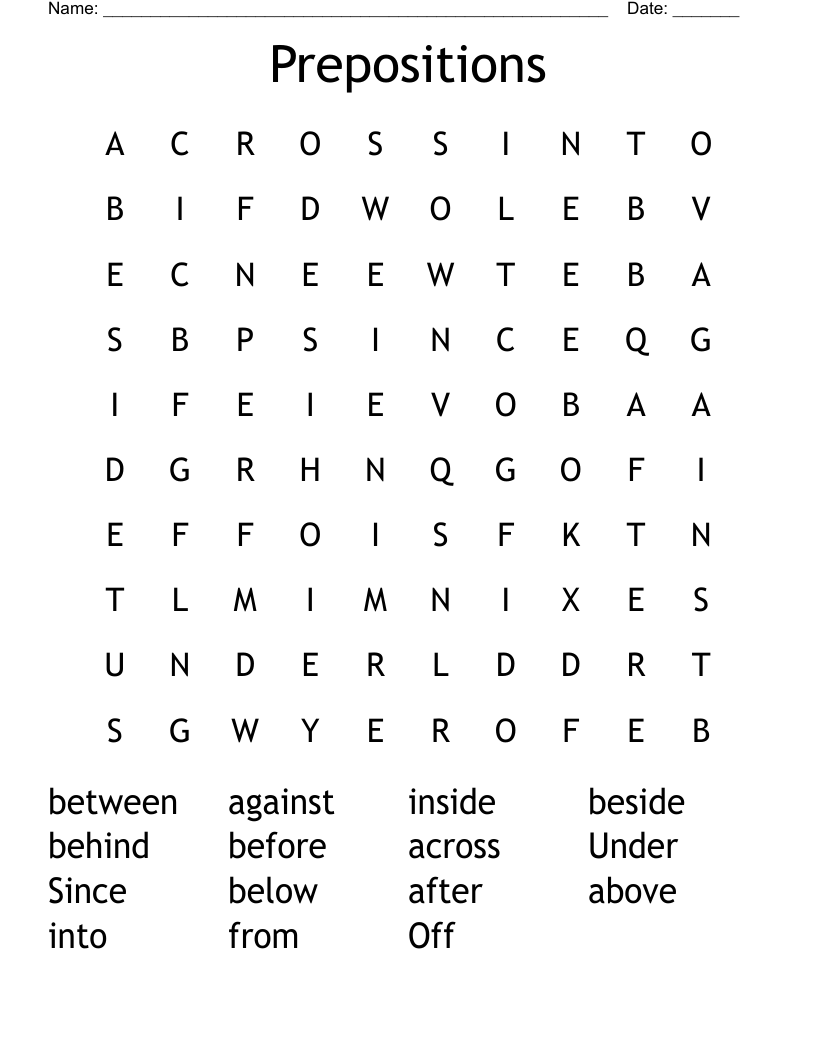 Prepositions Word Search