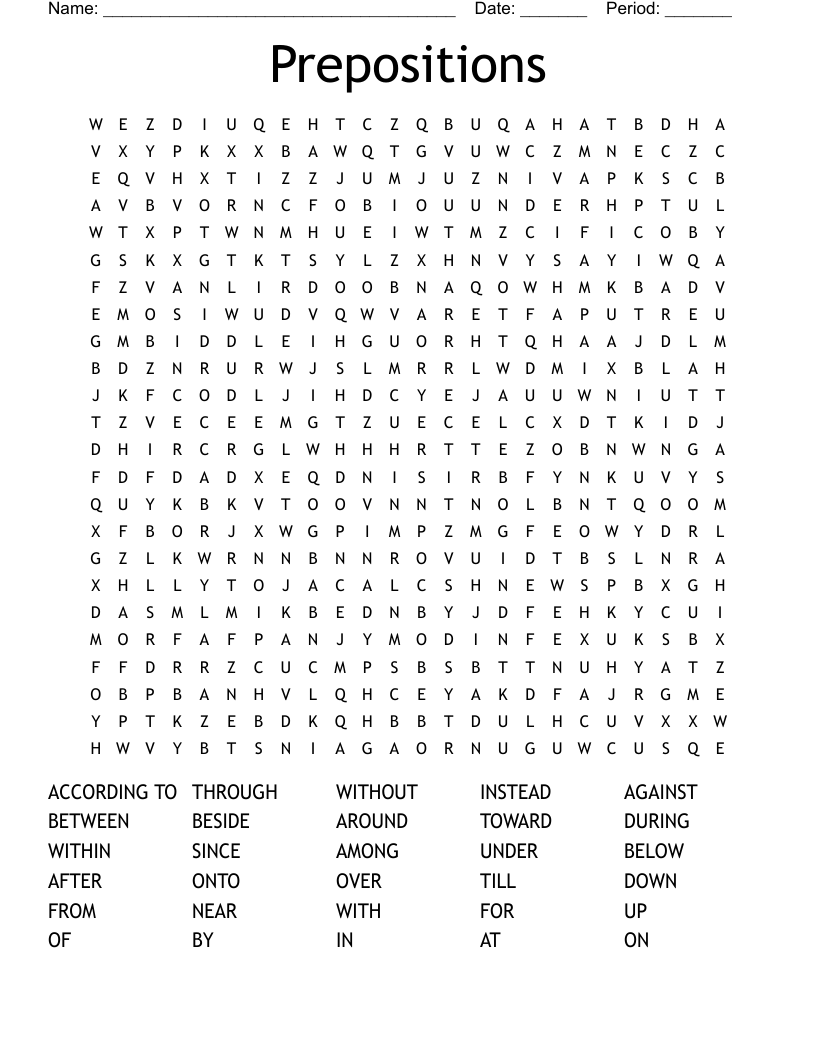 Prepositions Word Search