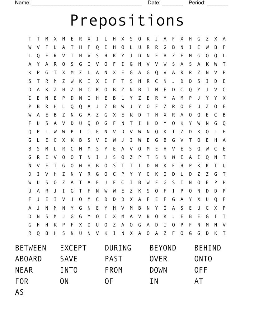 Prepositions Word Search