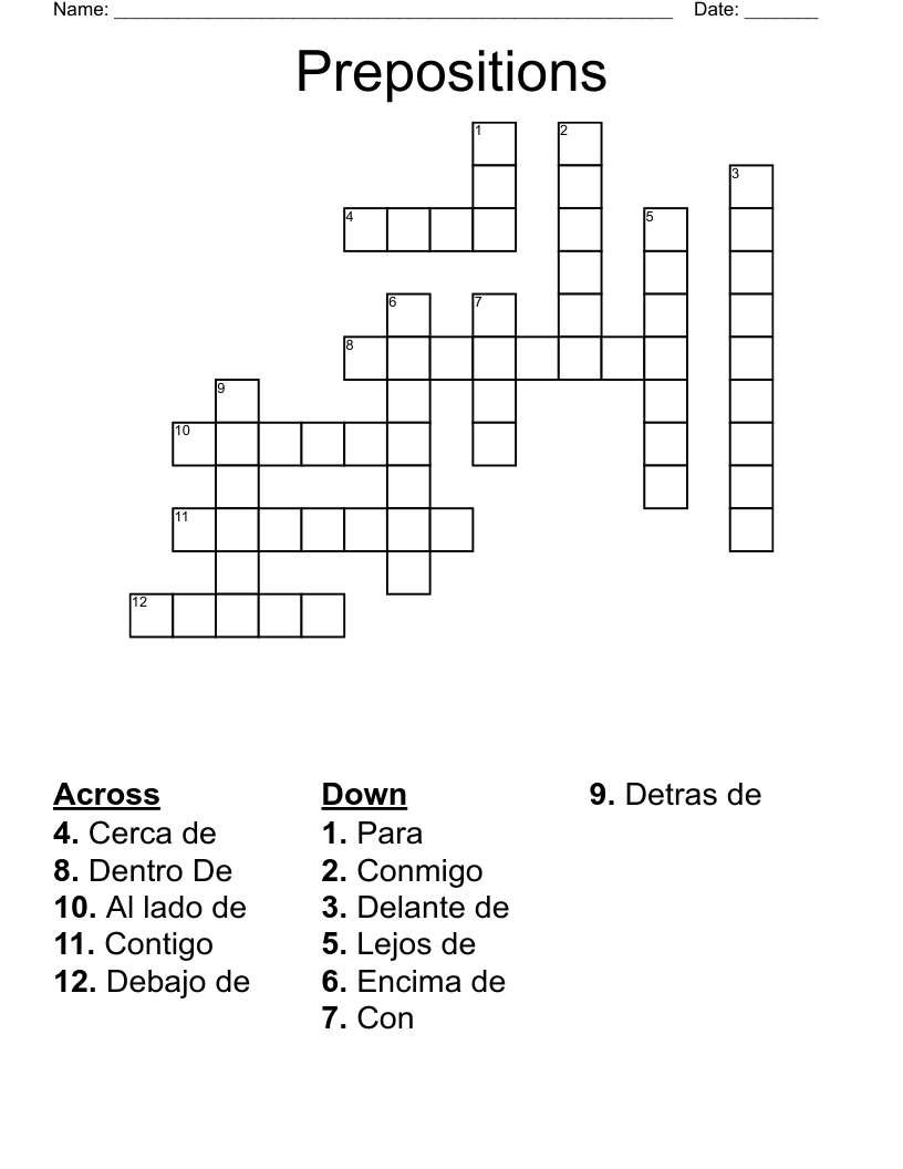 Prepositions Crossword