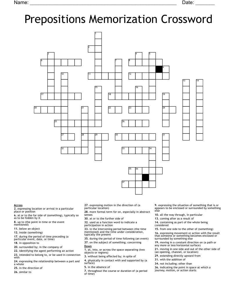 Prepositions Memorization Crossword