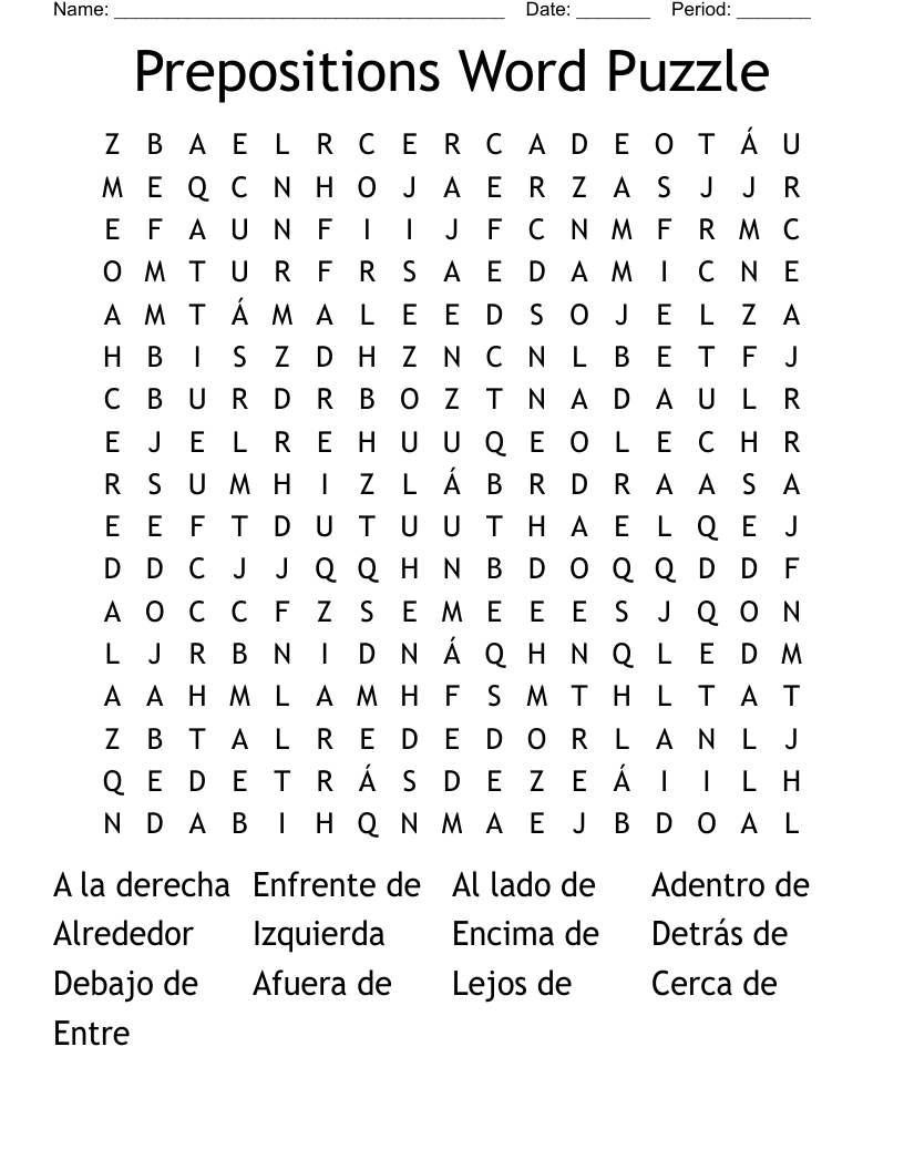 Prepositions Word Puzzle Word Search