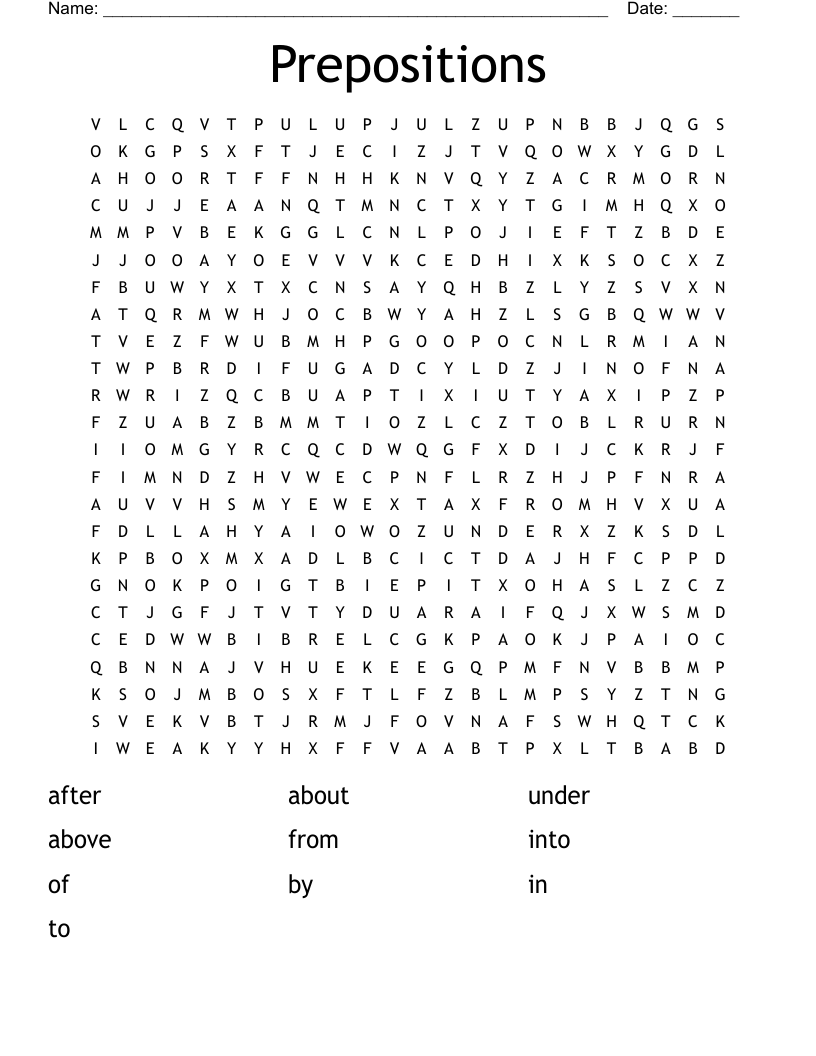 Prepositions  Word Search