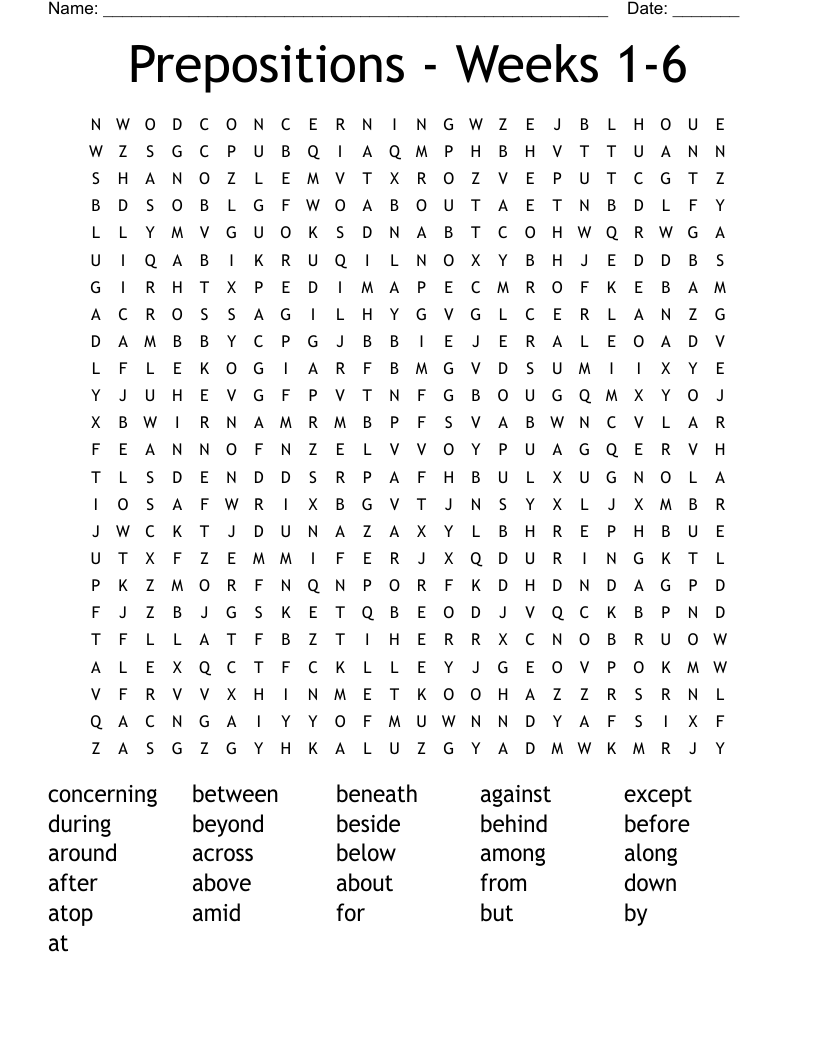 Prepositions - Weeks 1-6 Word Search