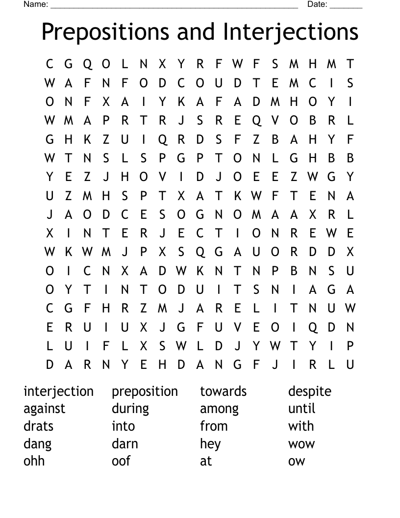 Prepositions and Interjections Word Search