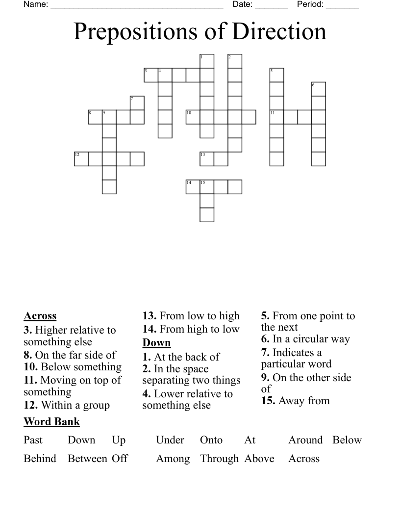 Prepositions of Direction Crossword