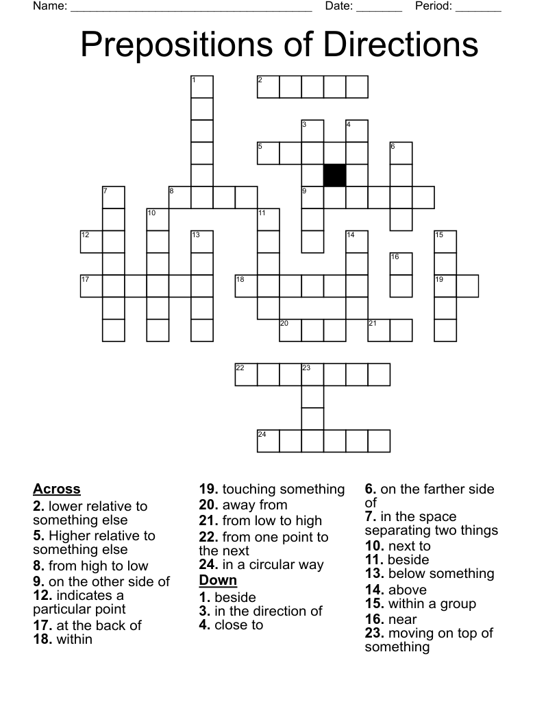Prepositions of Directions Crossword