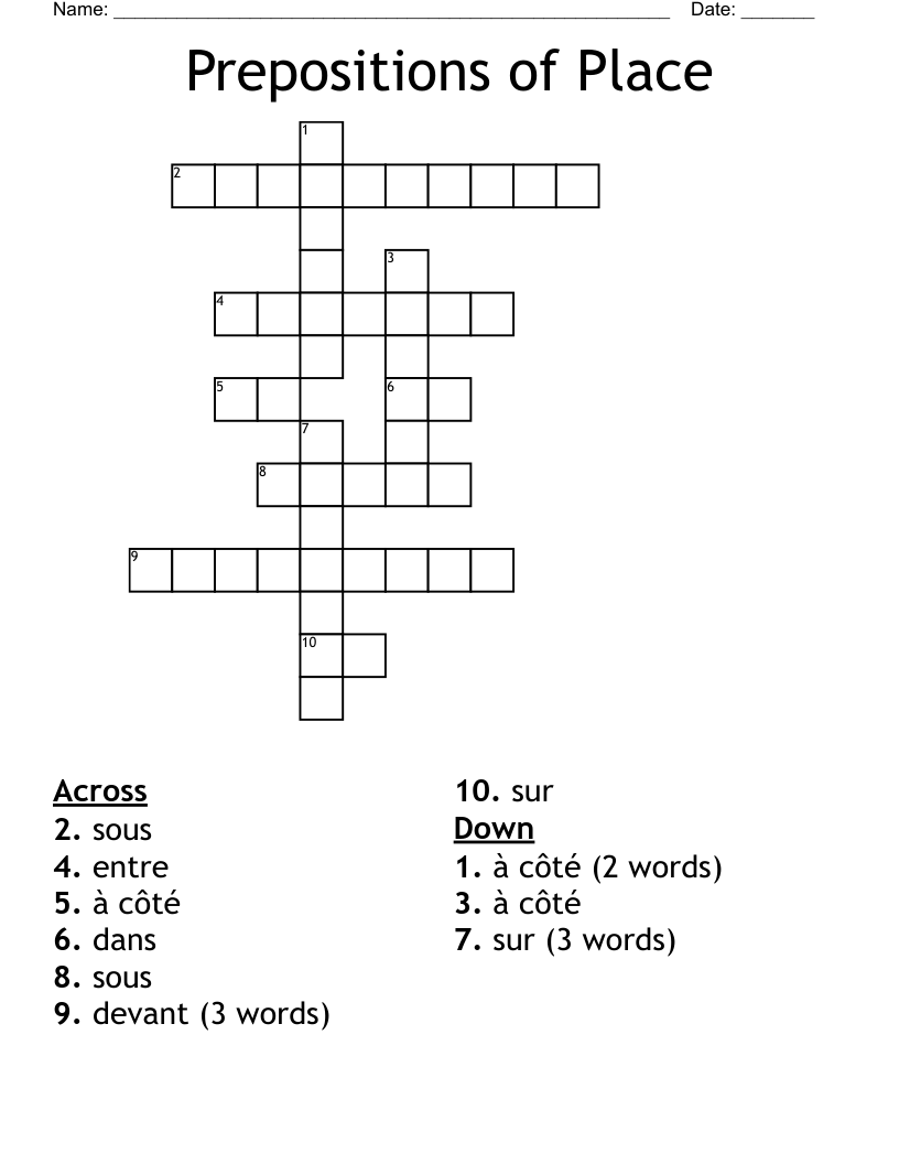 Prepositions of Place Crossword