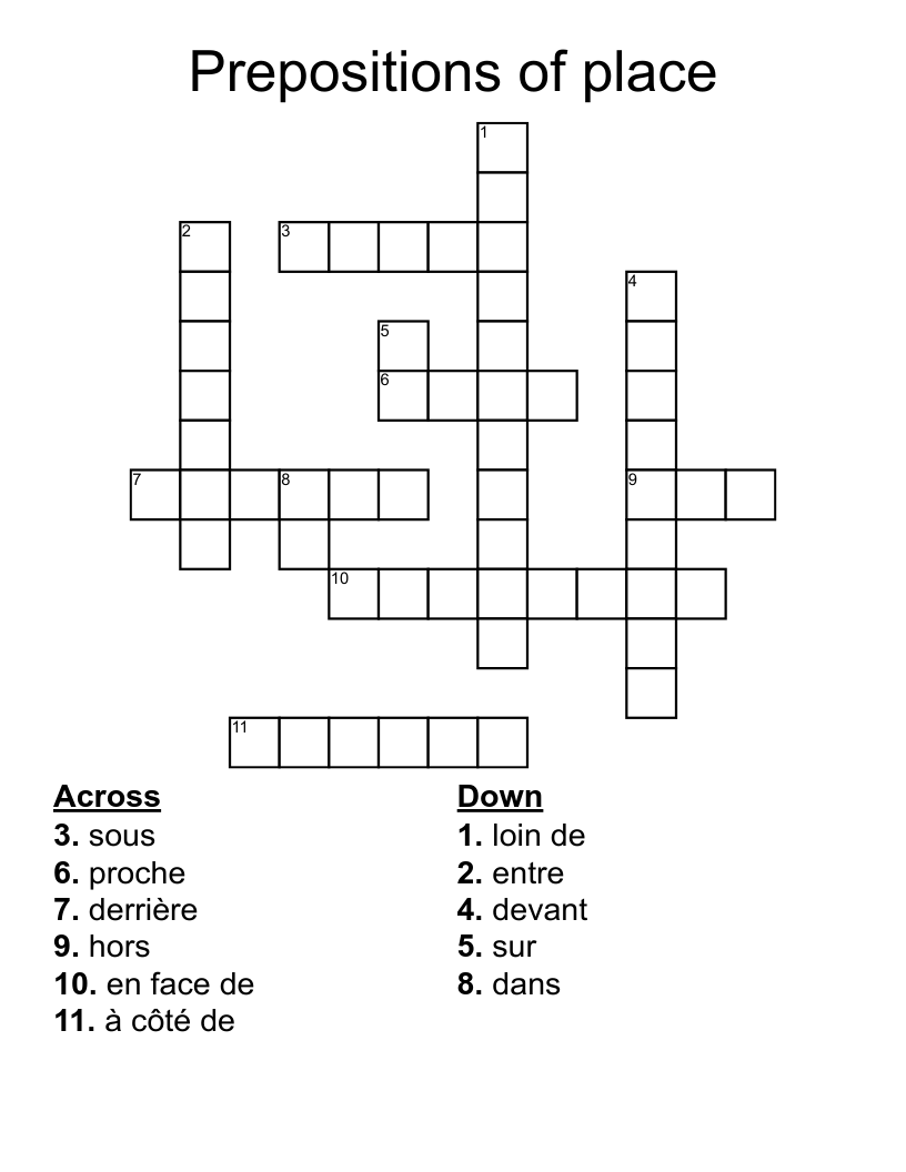 Prepositions of place Crossword