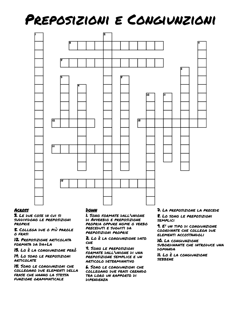 Preposizioni e Congiunzioni Crossword