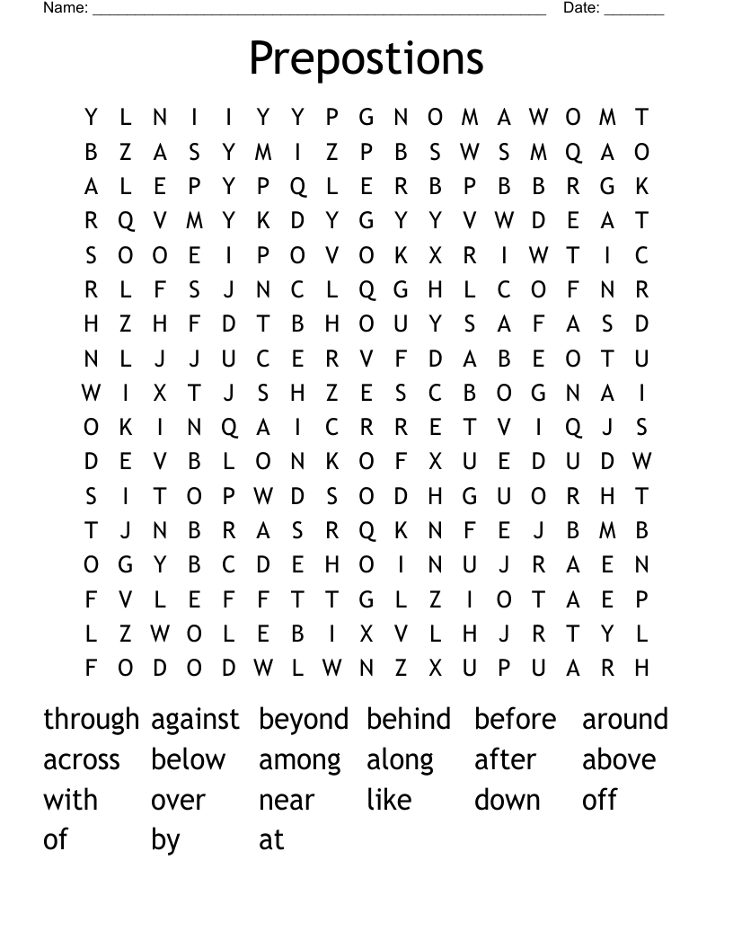 Prepostions Word Search