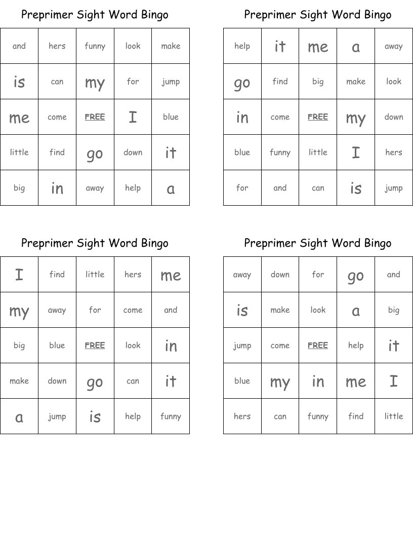 Preprimer Sight Word Bingo