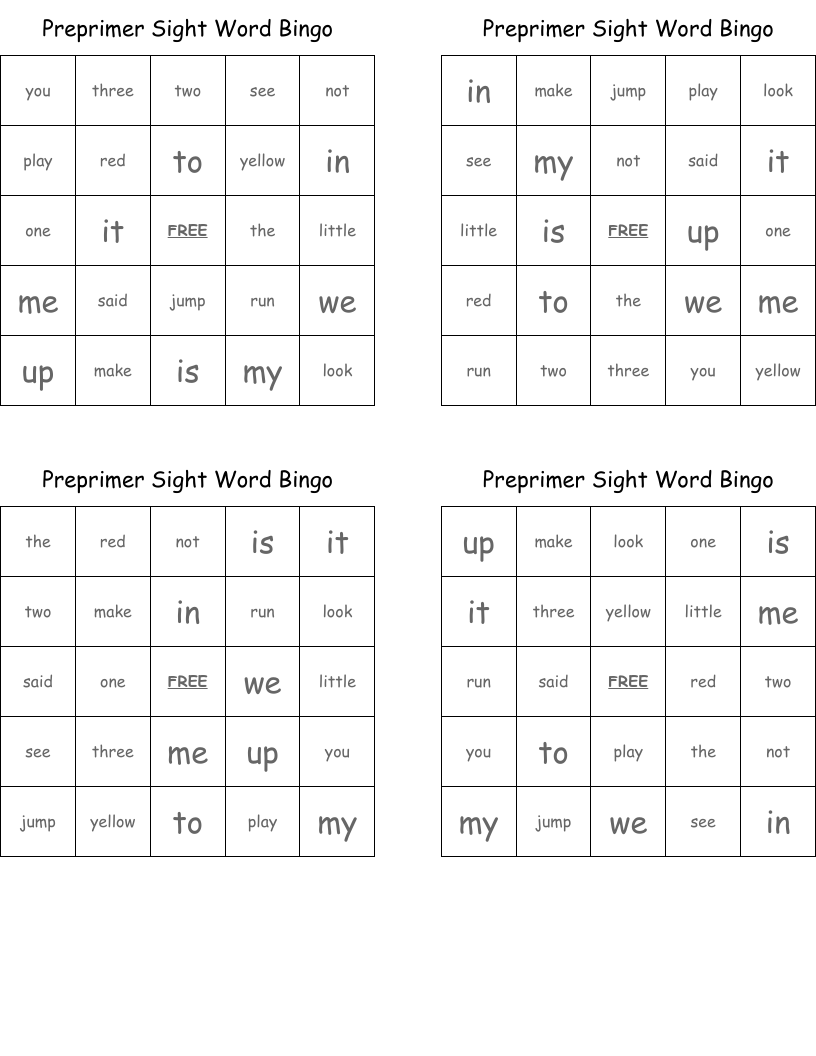 Preprimer Sight Word Bingo