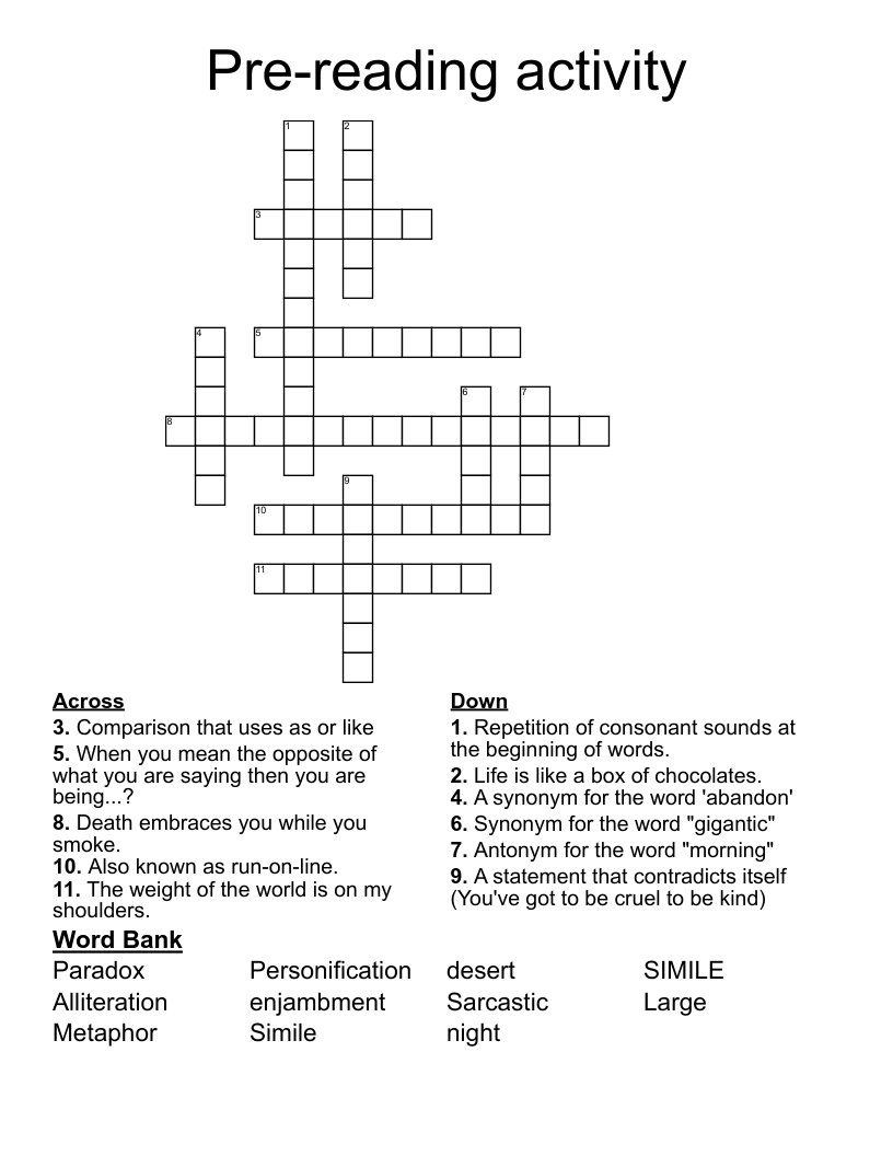 Pre-reading activity Crossword